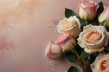 Delicate Peach Roses on a Blush Pink Background with Gold Glitter