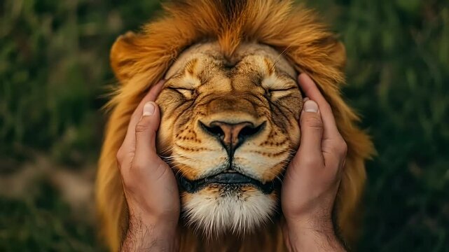 Hand gently holding the face of a lion, symbolizing connection and strength in nature
