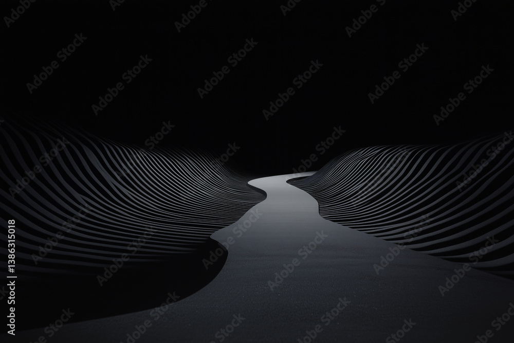 Poster monochromatic serenity: a dark and serene landscape, with undulating patterns, creates a captivating