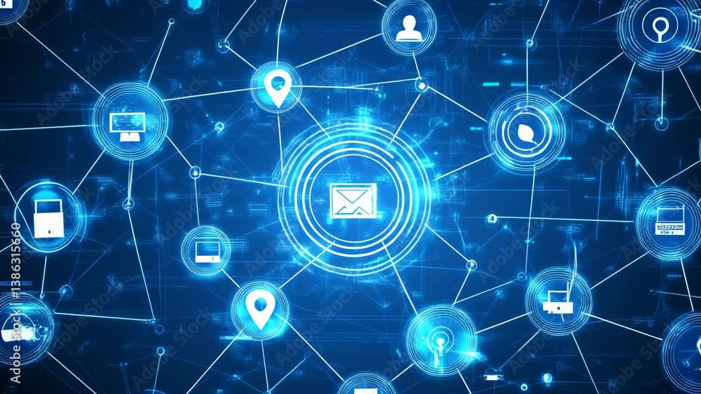 Poster digital network connecting various technology elements with email icon generative ai