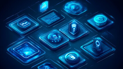 A modern collection of technology icons highlighting AI-driven smart devices, automation systems, and cyber interfaces 