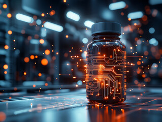 A modern medicine bottle with glowing AI circuits, blending technology with healthcare 