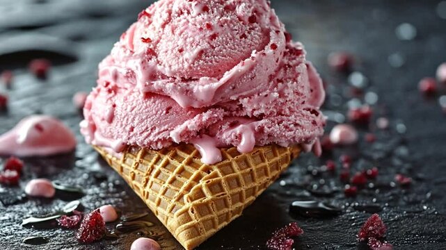 Pink raspberry ice cream cone on dark surface