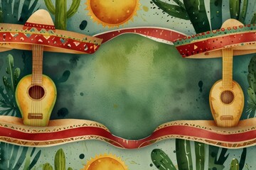 Fiesta Background Guitars, Sombreros, and Cactus Under a Bright Sun cinco de mayo