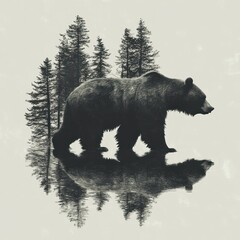 Majestic Grizzly Bear Silhouette in a Tranquil Forest Lake Reflection