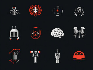 A set of modern technology icons representing AI brain models, machine learning algorithms, and robotic systems 