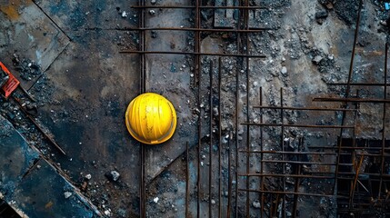 Construction site with a yellow safety helmet on the ground, industrial development, real estate growth, urban infrastructure, and building progress