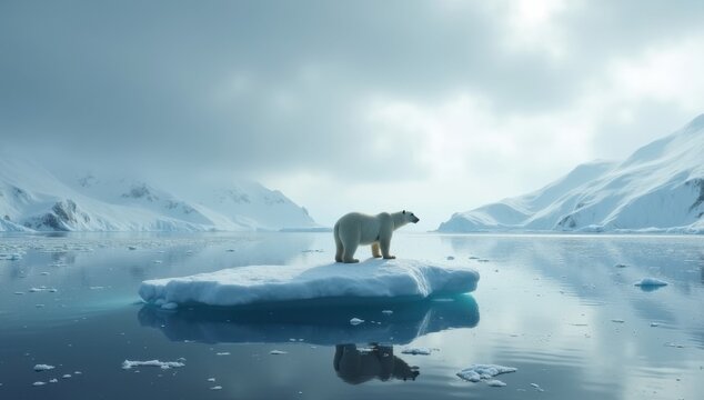 Cambio clim&aacute;tico. Oso polar atrapado sobre un trozo de hielo mientras los glaciares se derriten por causa del calentamiento global.