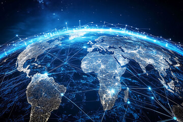 An internet globe surrounded by digital pathways, representing global AI connectivity 