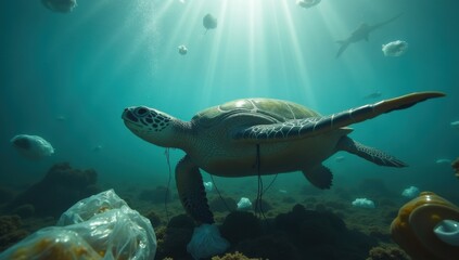 Fototapeta premium Contaminación marítima. Tortuga nadando entre la basura de un mar contaminado por bolsas y botellas. 