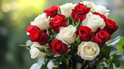 A romantic bouquet of red and white roses, artistically arranged, with soft green leaves and delicate petals creating a timeless beauty.
