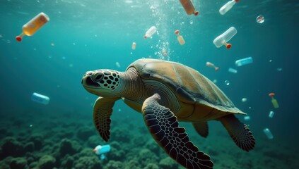 Obraz premium Contaminación. Tortuga de mar nadando entre basura. 