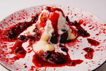 A beautiful dessert with rich chocolate, smooth vanilla, and a delightful berry sauce drizzle for elegance