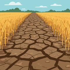 Fototapeta premium Dry cracked earth pathway through golden wheat fields in flat vector art