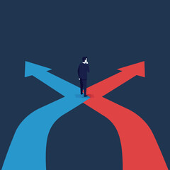 A businessman standing at a crossroads with white arrows on a blue background, flat vector illustration