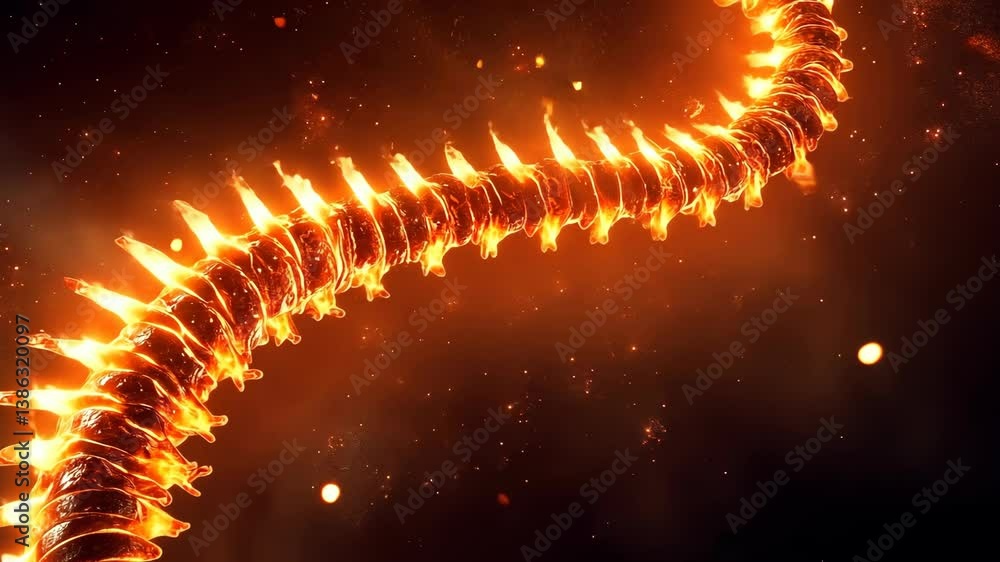 Poster fiery spine structure glowing against a dark background with dynamic light effects showcasing a capt