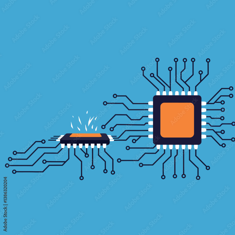Poster microchip design with circuit connections in a flat blue style vector art