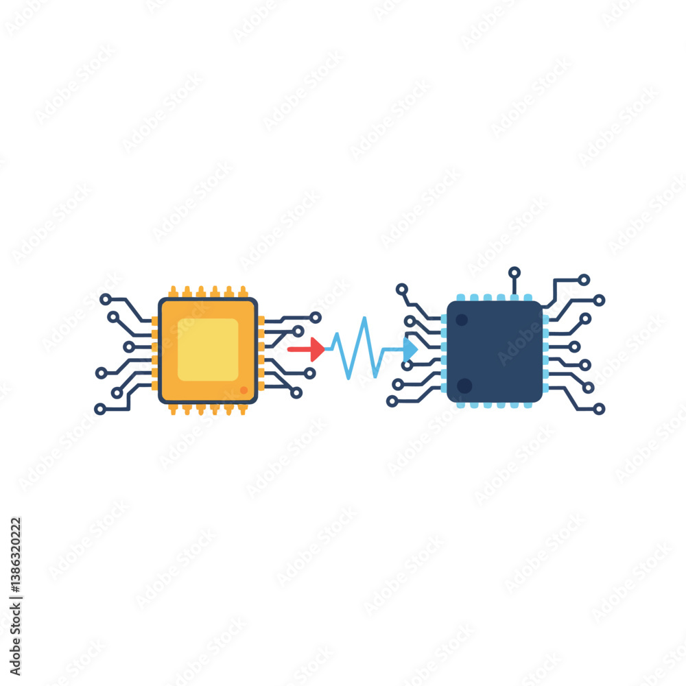 Poster two computer chips connected by a signal line in a flat vector illustration