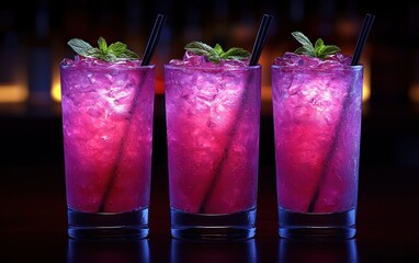 Three vibrant purple cocktails with ice and mint