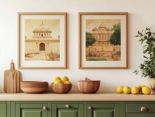 Two framed pictures of buildings are on a green kitchen counter
