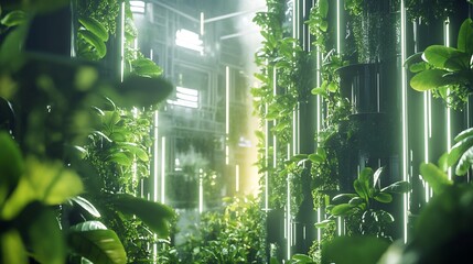 Fototapeta premium Conceptual futuristic city powered entirely photosynthesis building designed like plant leaf glowing energy transfer through bio organic solar panel sci fi photorealistic detail ultra HD cinematic