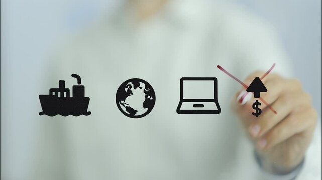 Businesswoman drawing and crossing out icons representing import tariffs increasing, symbolizing opposition to rising costs in international trade