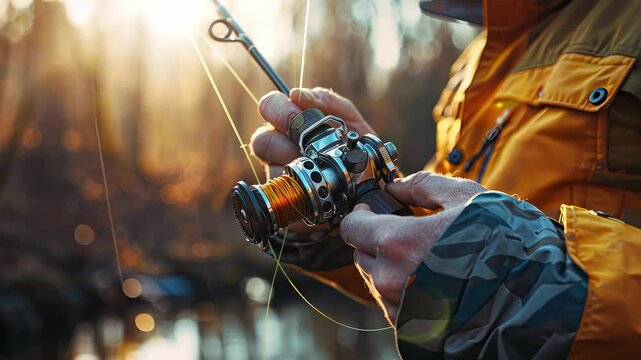 the fisherman holds a spinning rod in his hands