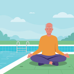 An elderly man meditating by a tranquil pool in a flat vector illustration