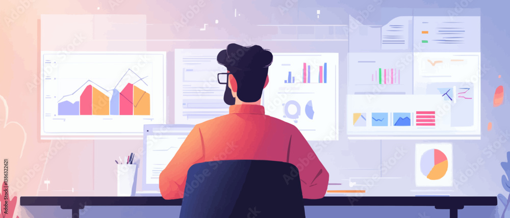 Aufkleber person analyzing data on multiple screens at a desk.v