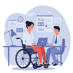 A woman in a wheelchair working on a laptop while discussing with a man in a suit in flat vector art