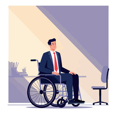 A confident man in a wheelchair wearing a suit and tie, minimalistic vector illustration showcasing empowerment and professionalism