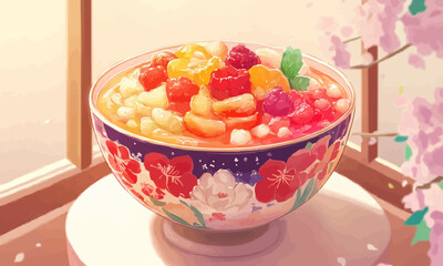 Colorful fruit and tapioca dessert in floral-patterned ceramic bowl.