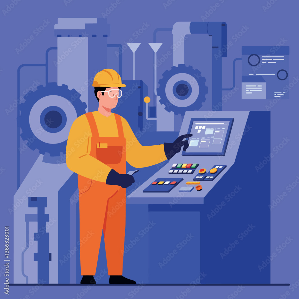 Poster a factory worker in orange overalls operating a control panel in a flat vector illustration