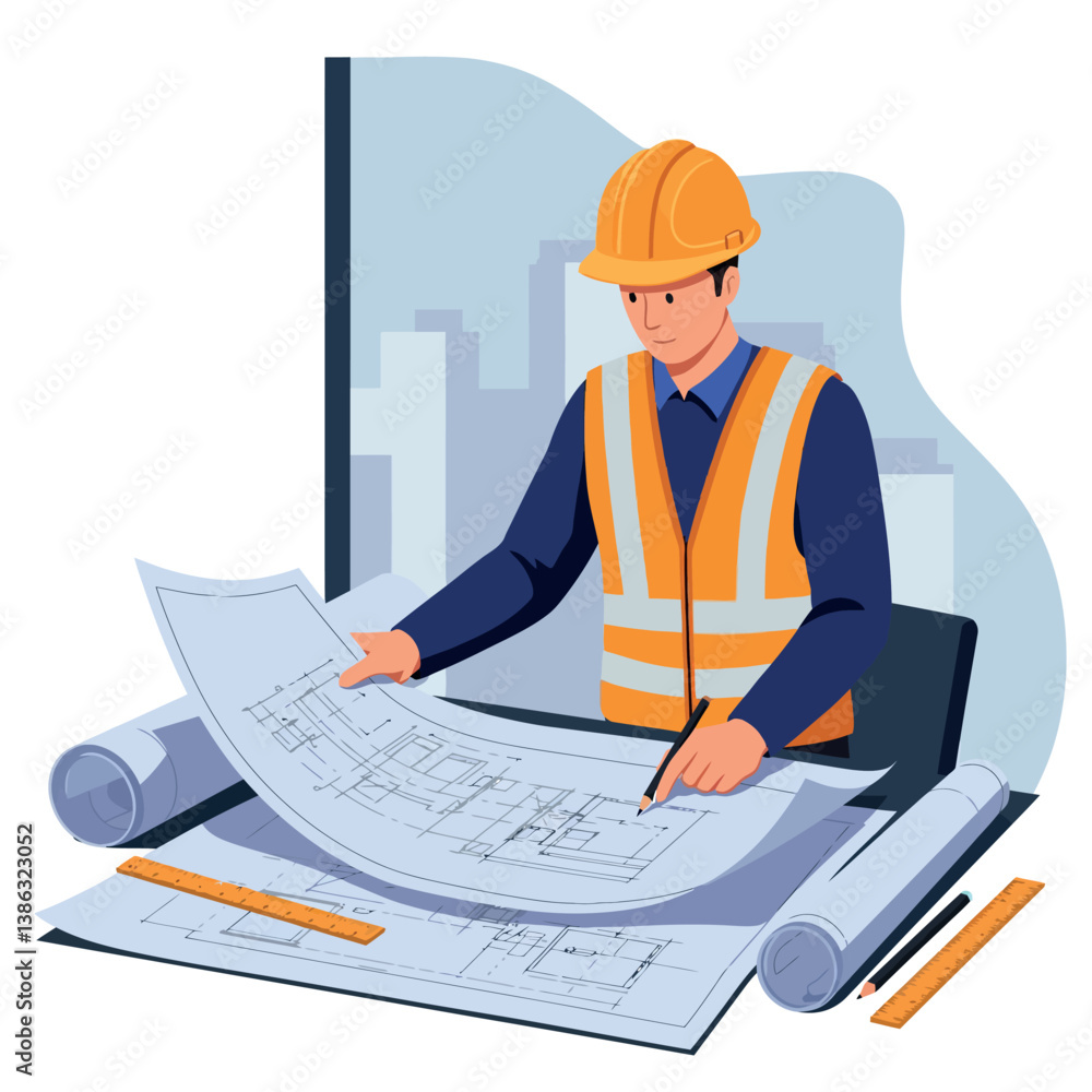 Aufkleber construction worker in a hard hat studying blueprints with a focused expression in flat vector illus