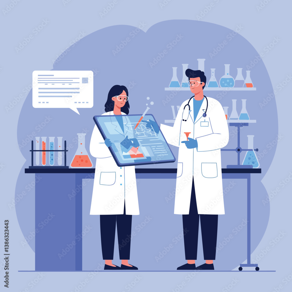 Poster two scientists collaborating in a laboratory with digital tablet displaying data, flat vector illust