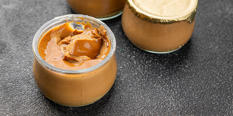 Dessert mousse coffee cream sweet dish fresh tasty gourmet food background on table rustic food top view copy space