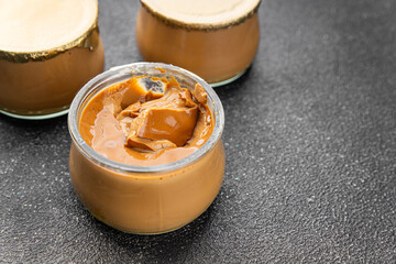 Dessert mousse coffee cream sweet dish fresh tasty gourmet food background on table rustic food top view copy space