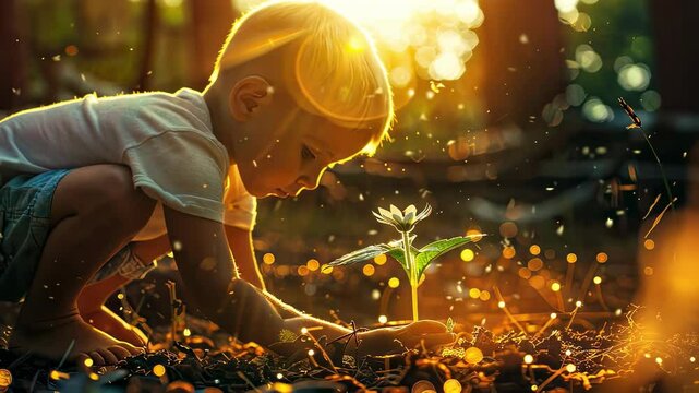 a child plants a sapling