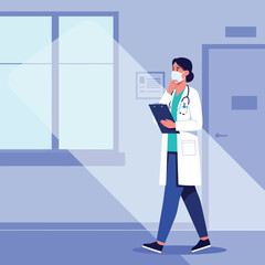 Obraz premium Medical professional in white coat walking through hospital corridor, flat vector illustration