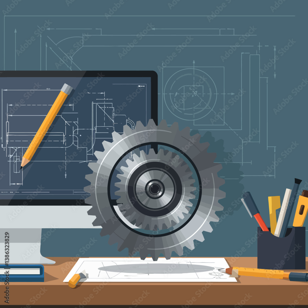 Poster engineering workspace with computer, gear, and drafting tools in flat vector art