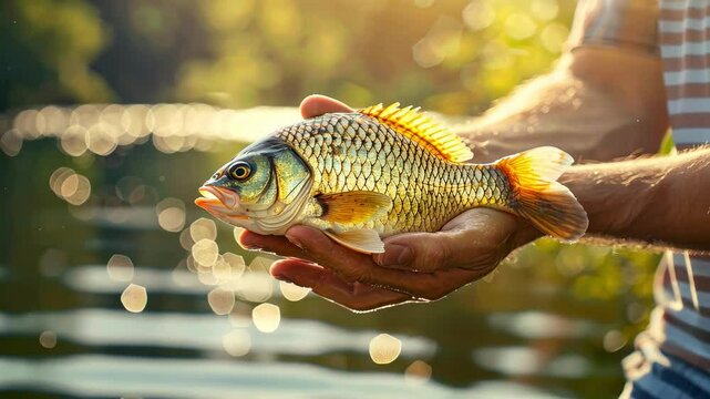 close-up of a fisherman holding a fish in his hands