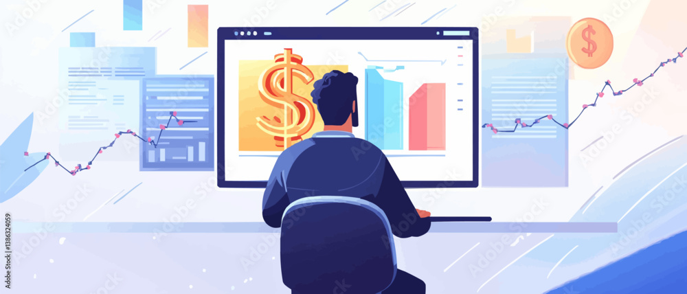 Poster person analyzing graphs and charts on computer in office.
