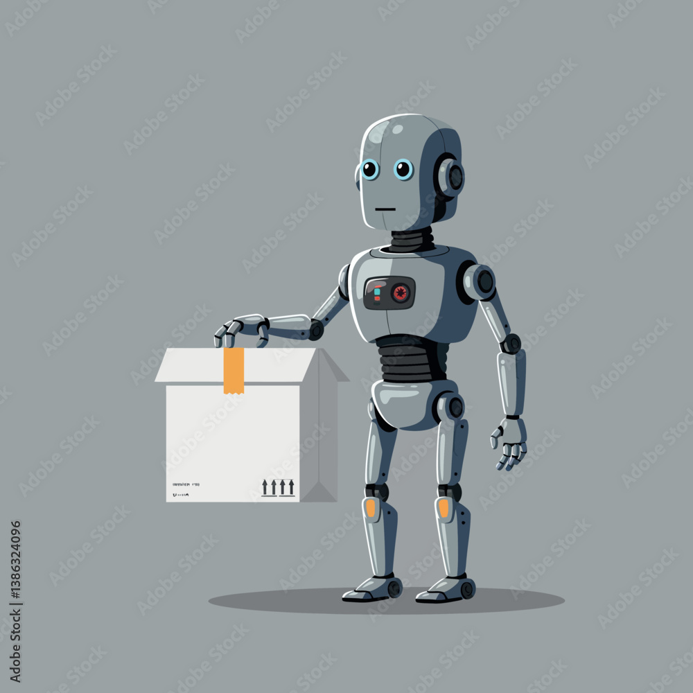 Poster robot character holding a delivery box in a flat, minimal design vector illustration
