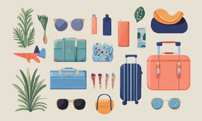 An illustration of a suitcase and travel accessories ready for summer travel on a beige background