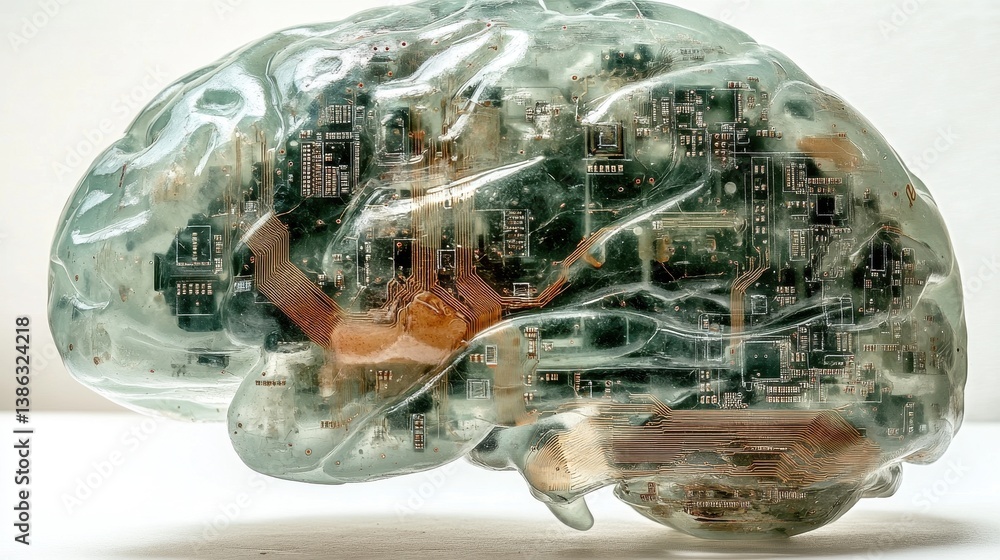 Poster human-like brain formed from electronic circuits and artificial components sits atop a circuit board