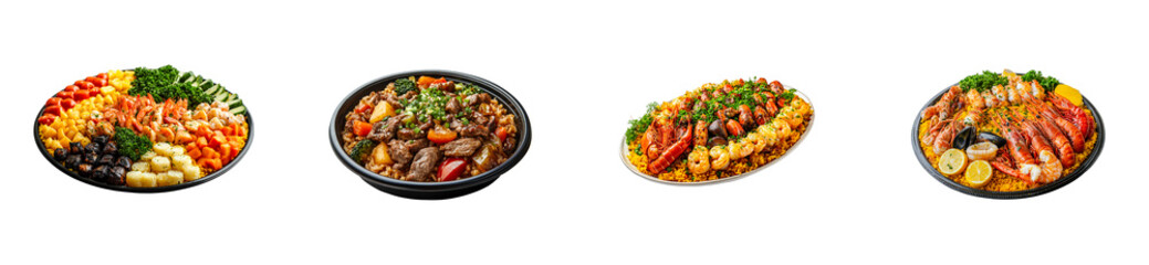 Diverse seafood and meat platters with vegetables and garnishes. Set png cut out