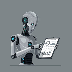 A futuristic robot analyzing data on a clipboard in a minimalistic design vector illustration