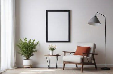 Mockup scene. Empty frame for painting, poster on white wall. Scene with armchair, potted flower. Mockup for designer to present home decor art, print. Minimalist Interior design living room.