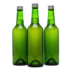 Trio of Green Glass Bottles with Silver Caps.
