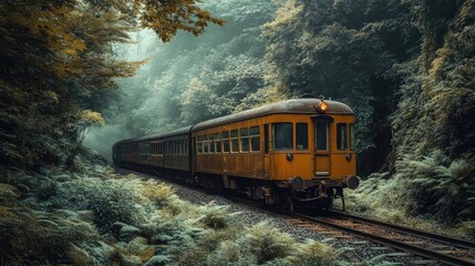 Fototapeta premium Vintage steam locomotive traveling through a lush tropical jungle. Greenery surrounds the tracks with sunlight filtering through the trees. Adventure and travel concept. Generative AI